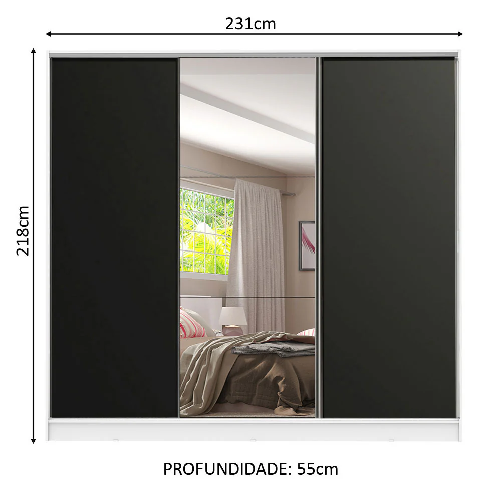 Guarda-Roupa Casal 100% MDF Madesa Royale 3 Portas de Correr com Espelho Branco/Preto - Image 3