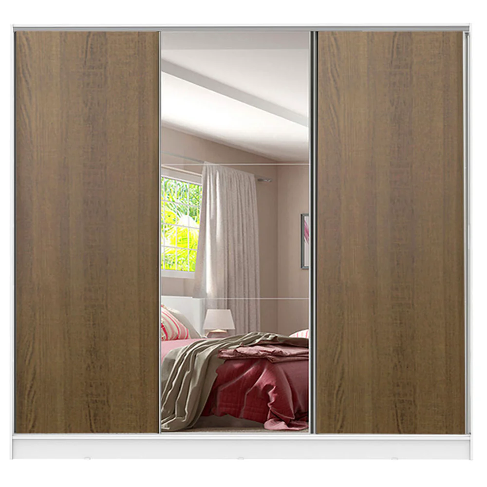 Guarda-Roupa Casal 100% MDF 3 Portas de Correr com Espelho Branco/Rustic Madesa Royale - Image 10