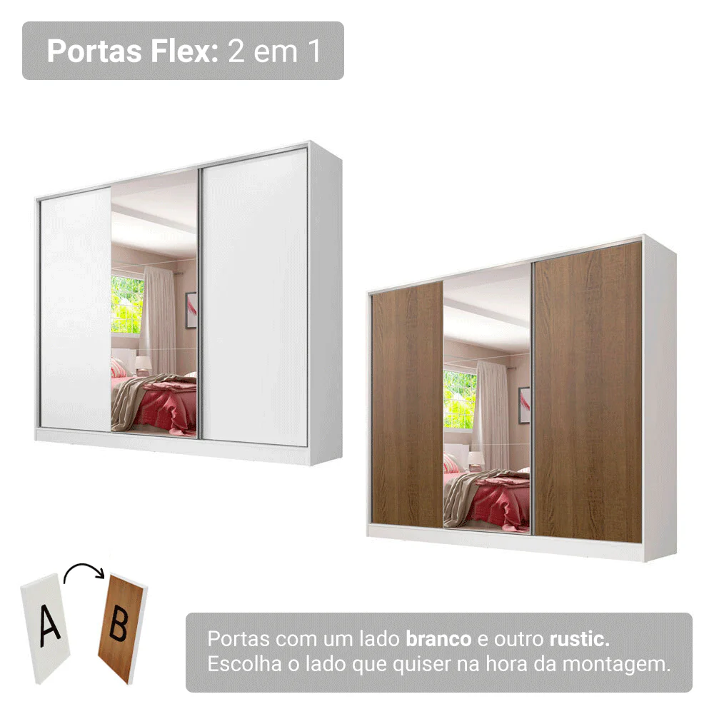 Guarda-Roupa Casal 100% MDF 3 Portas de Correr com Espelho Branco/Rustic Madesa Royale - Image 5