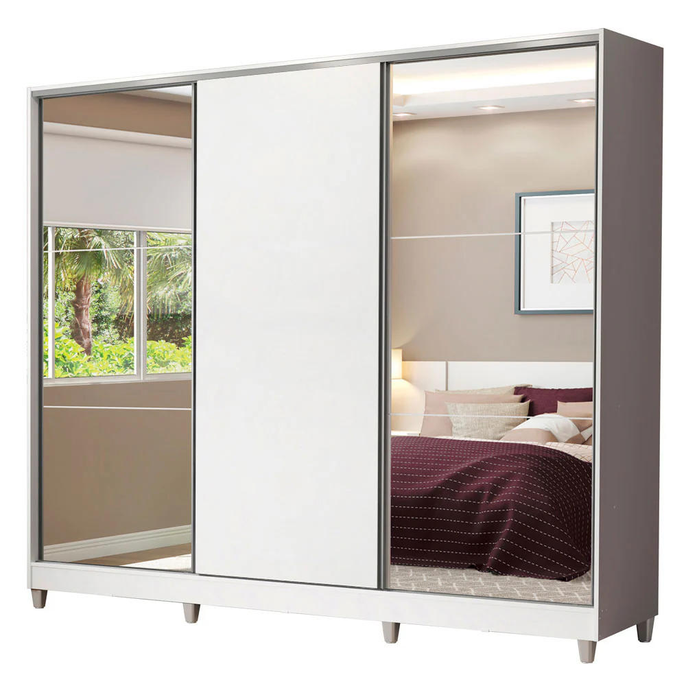 Guarda-Roupa Casal 100% MDF Madesa Royale 3 Portas de Correr com Espelhos com Pés Branco - Image 2