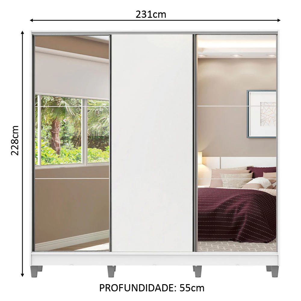 Guarda-Roupa Casal 100% MDF Madesa Royale 3 Portas de Correr com Espelhos com Pés Branco - Image 3