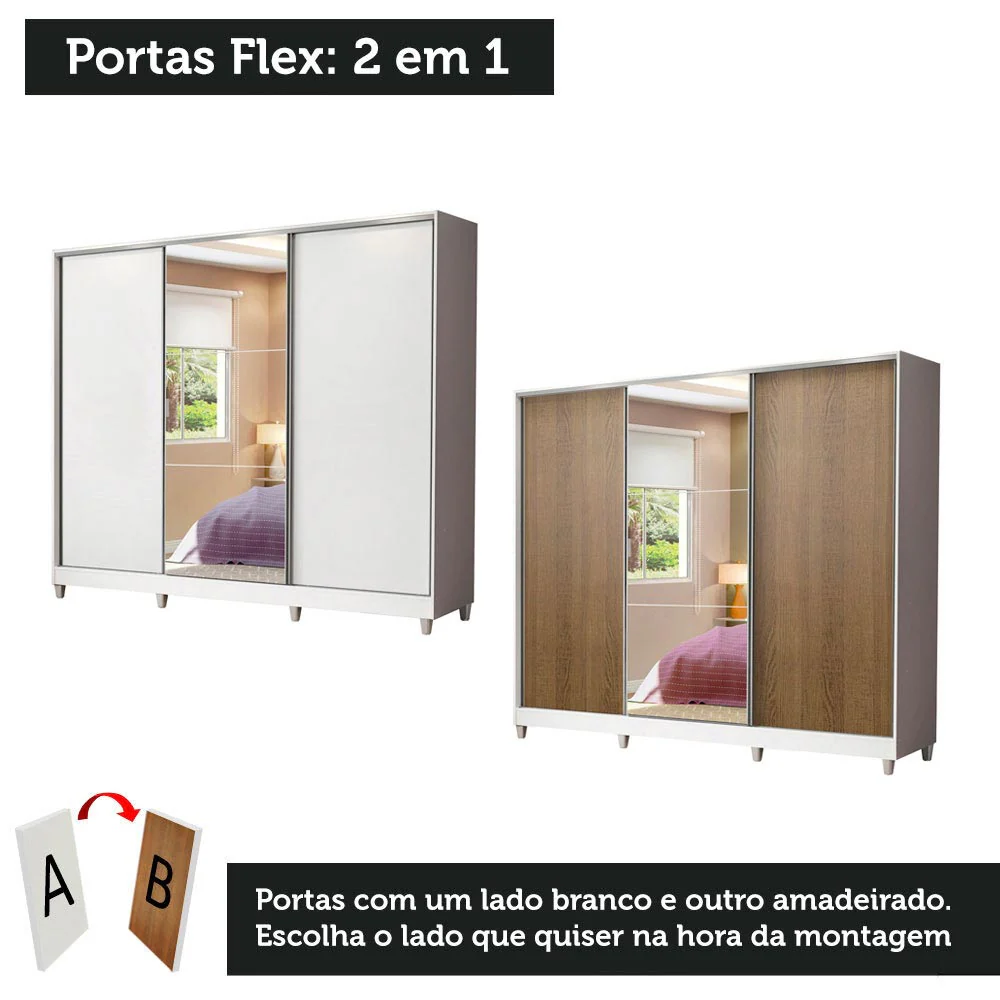 Guarda-Roupa Casal 100% MDF Madesa Royale 3 Portas de Correr com Espelho com Pés Branco/Rustic - Image 10