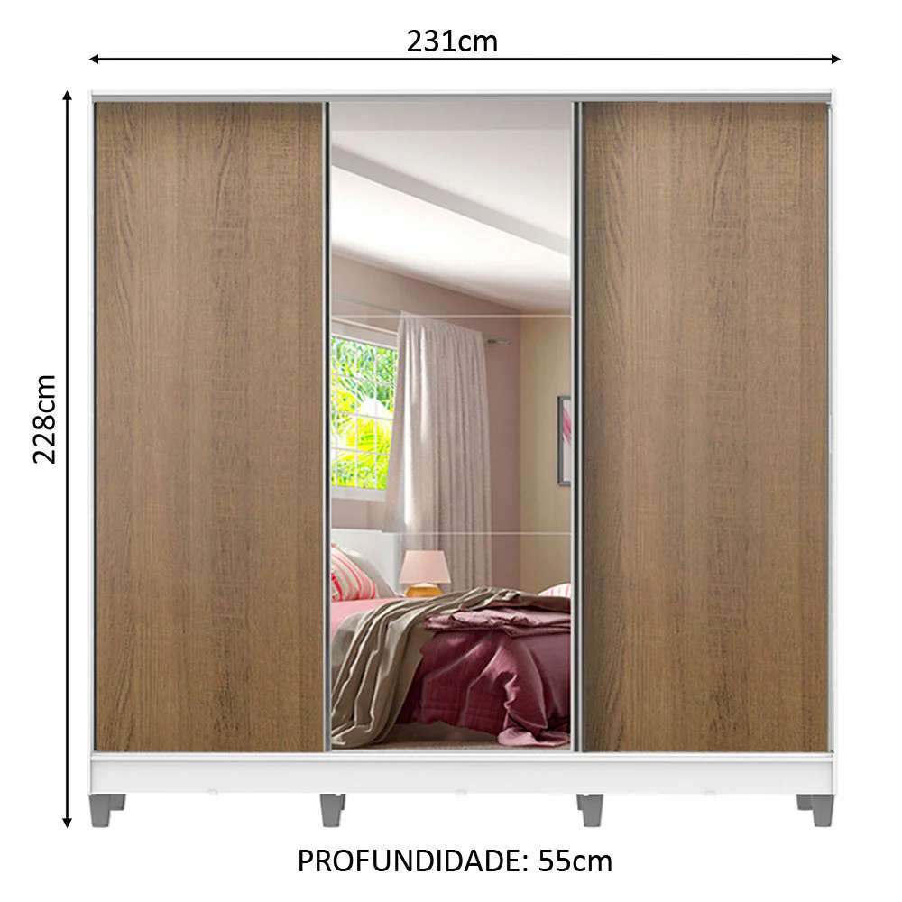 Guarda-Roupa Casal 100% MDF Madesa Royale 3 Portas de Correr com Espelho com Pés Branco/Rustic - Image 3