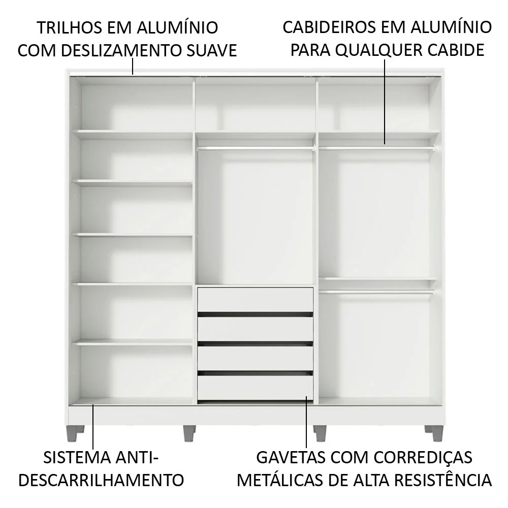 Guarda-Roupa Casal 100% MDF Madesa Royale 3 Portas de Correr com Espelho com Pés Branco/Rustic - Image 5