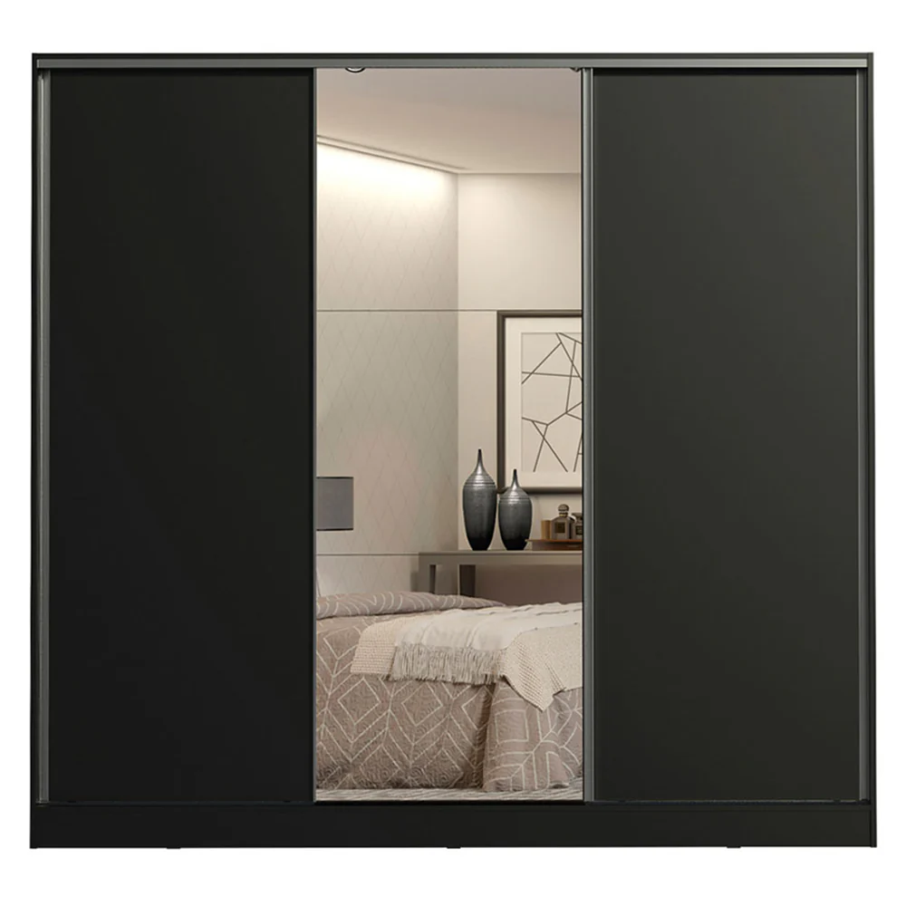 Guarda-Roupa Casal 100% MDF 3 Portas de Correr com Espelho Preto Royale Madesa - Image 11