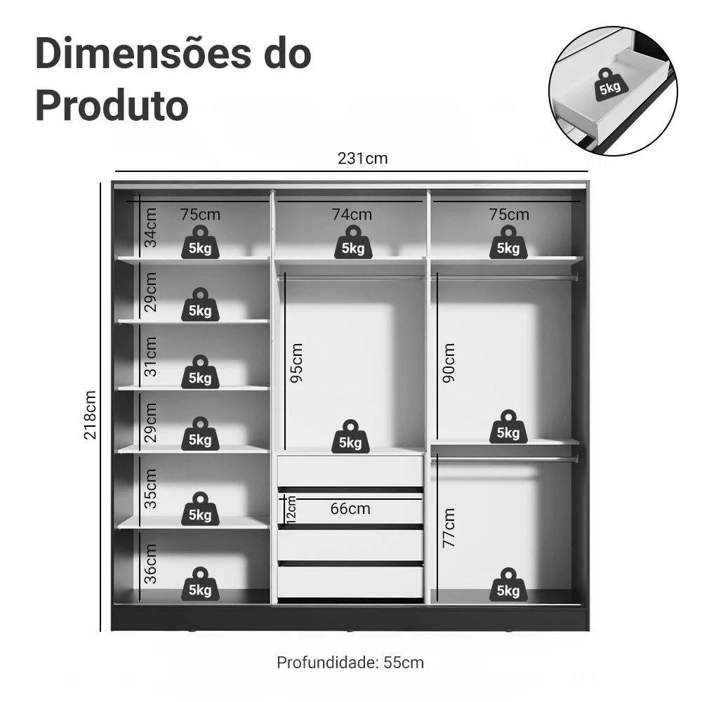Guarda-Roupa Casal 100% MDF 3 Portas de Correr com Espelho Preto Royale Madesa - Image 3