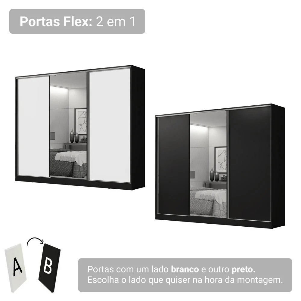 Guarda-Roupa Casal 100% MDF 3 Portas de Correr com Espelho Preto Royale Madesa - Image 8