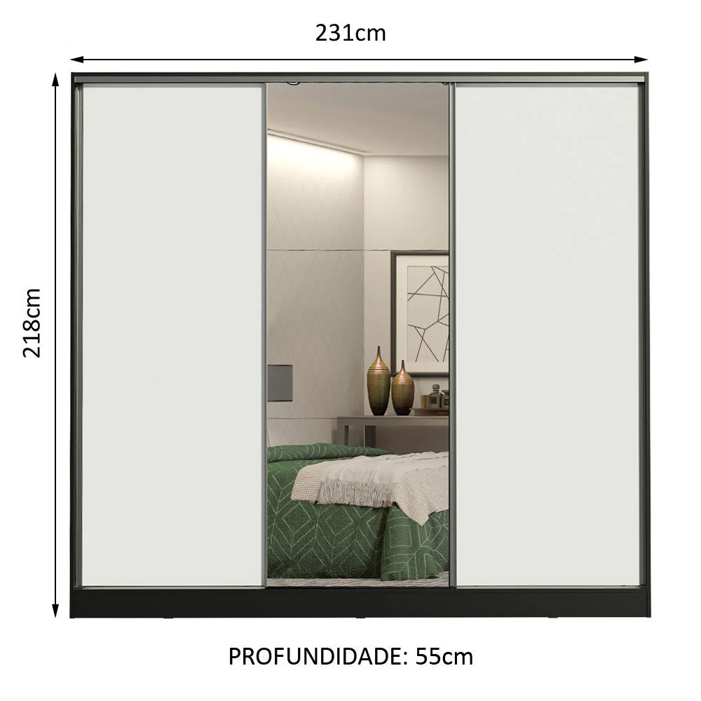 Guarda-Roupa Casal 100% MDF Madesa Royale 3 Portas de Correr com Espelho Preto/Branco - Image 3