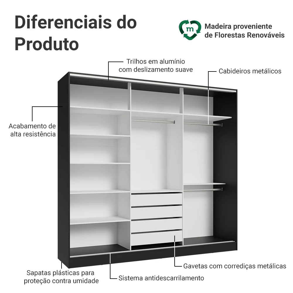 Guarda-Roupa Casal 100% MDF 3 Portas de Correr com Espelho Preto/Rustic Madesa Royale - Image 4