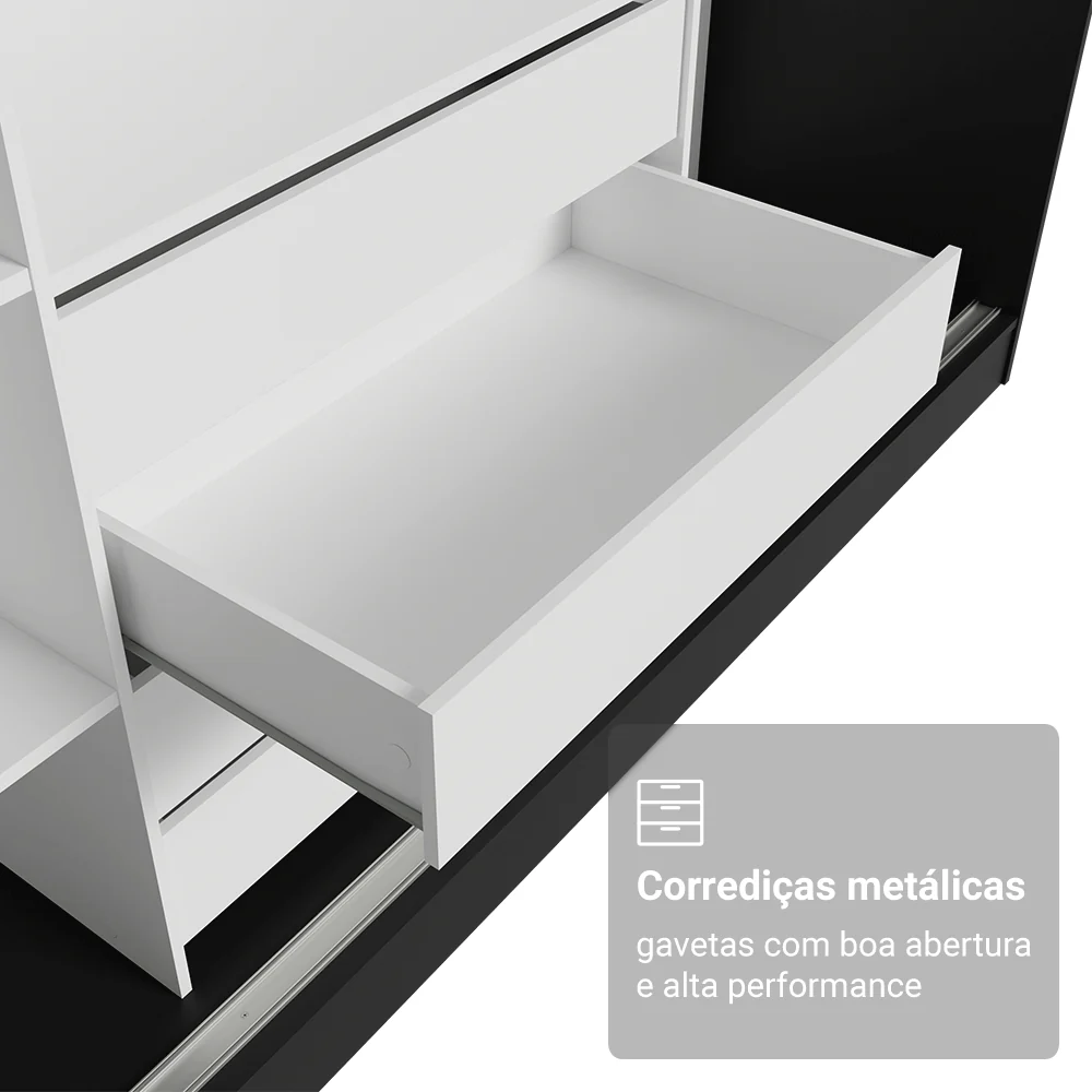 Guarda-Roupa Casal 100% MDF 3 Portas de Correr com Espelho Preto/Rustic Madesa Royale - Image 6