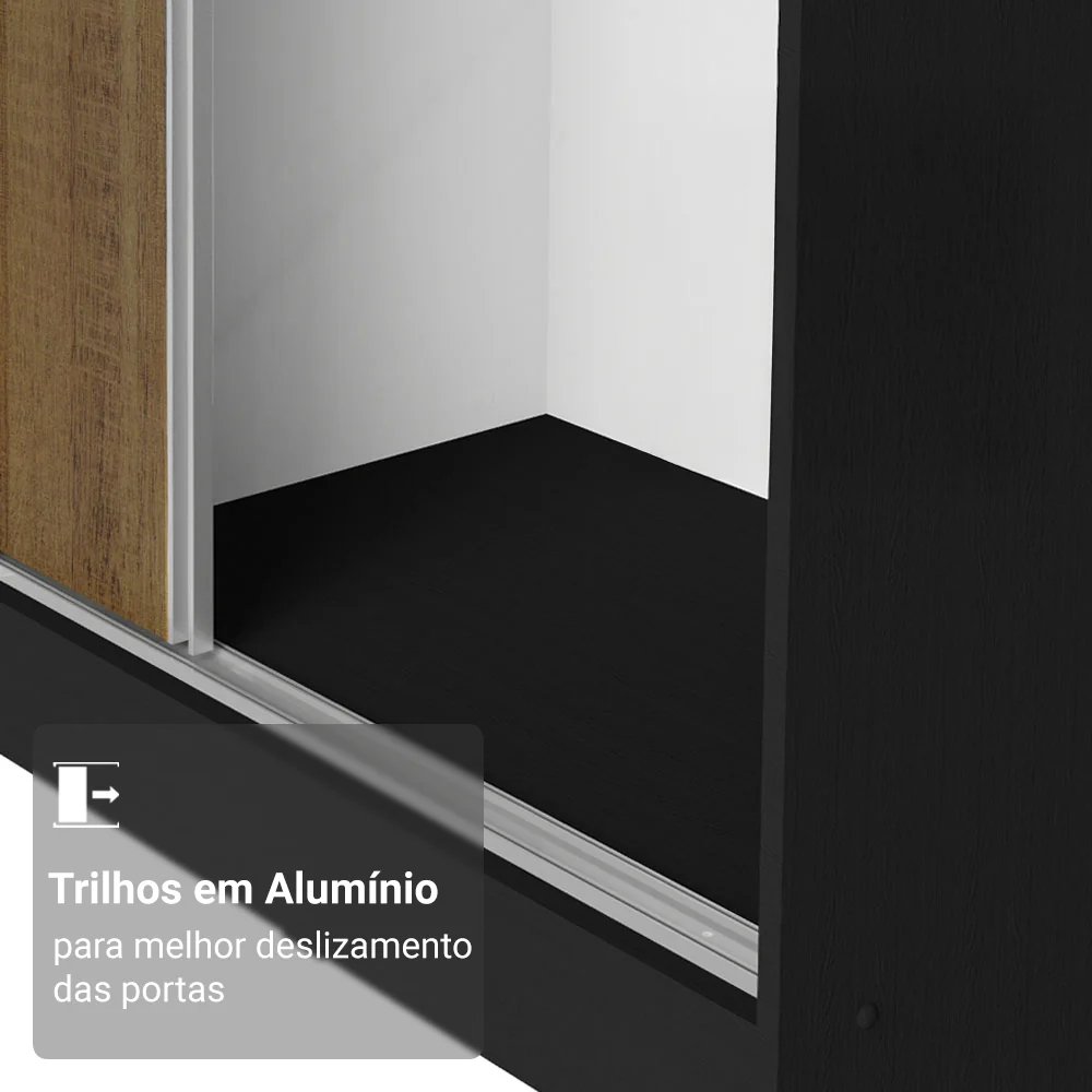 Guarda-Roupa Casal 100% MDF 3 Portas de Correr com Espelho Preto/Rustic Madesa Royale - Image 7