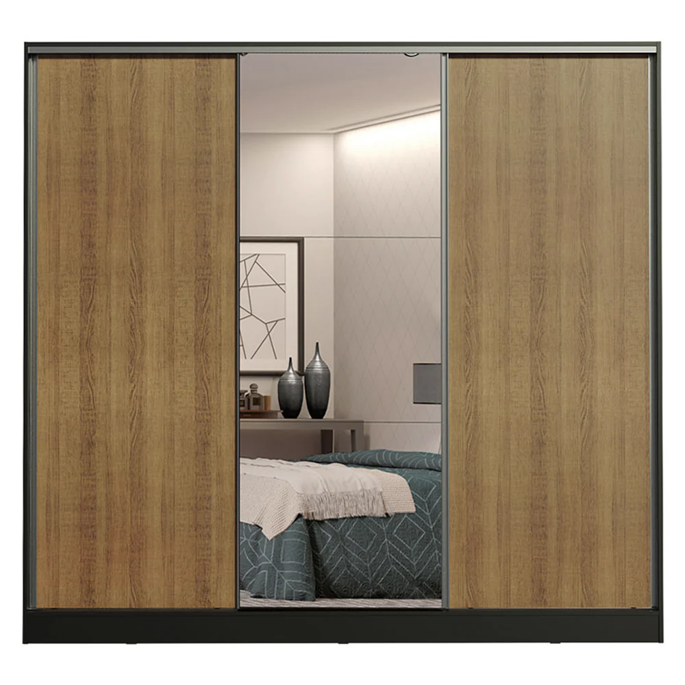 Guarda-Roupa Casal 100% MDF 3 Portas de Correr com Espelho Preto/Rustic Madesa Royale - Image 9