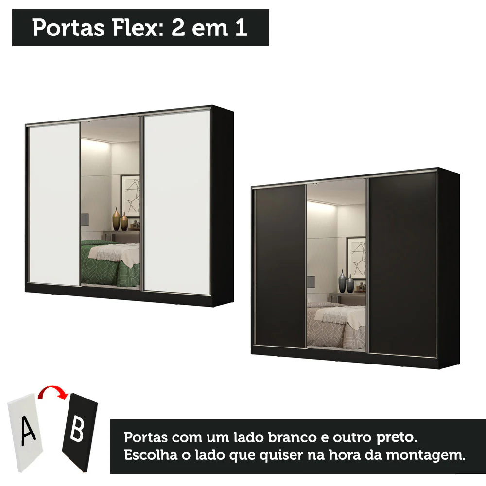 Guarda-Roupa Casal 100% MDF Madesa Royale 3 Portas de Correr com Espelho Preto XP - Image 11