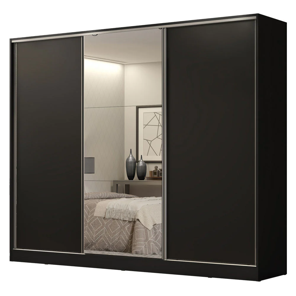 Guarda-Roupa Casal 100% MDF Madesa Royale 3 Portas de Correr com Espelho Preto XP - Image 2