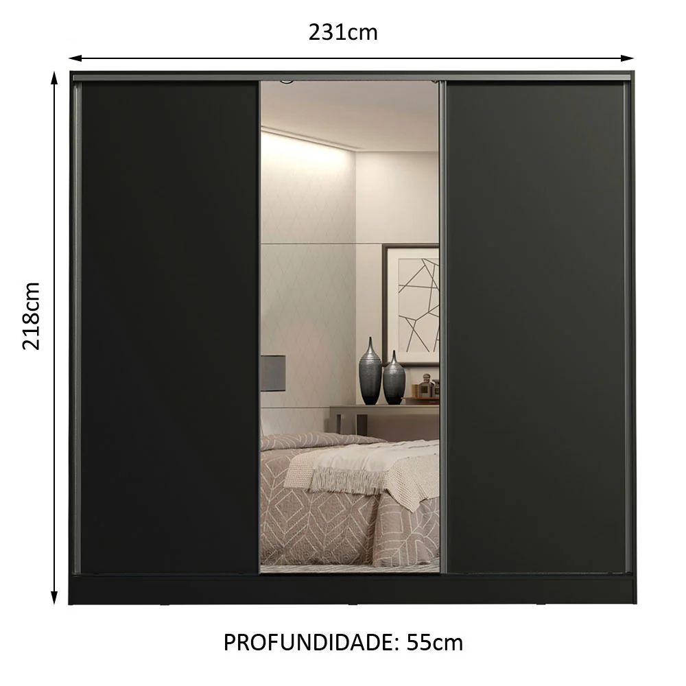 Guarda-Roupa Casal 100% MDF Madesa Royale 3 Portas de Correr com Espelho Preto XP - Image 3