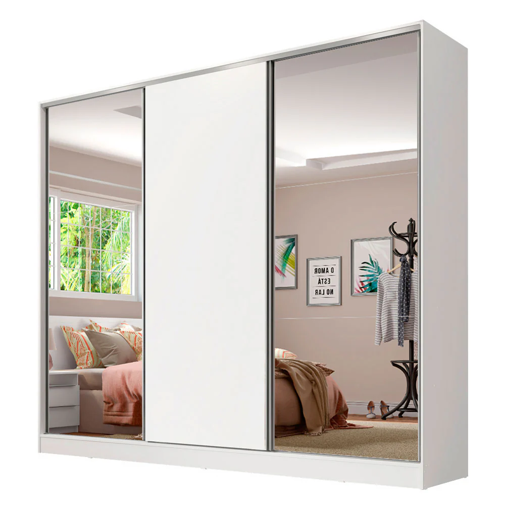 Guarda-Roupa Casal 100% MDF Madesa Royale 3 Portas de Correr com Espelhos Branco - Image 2