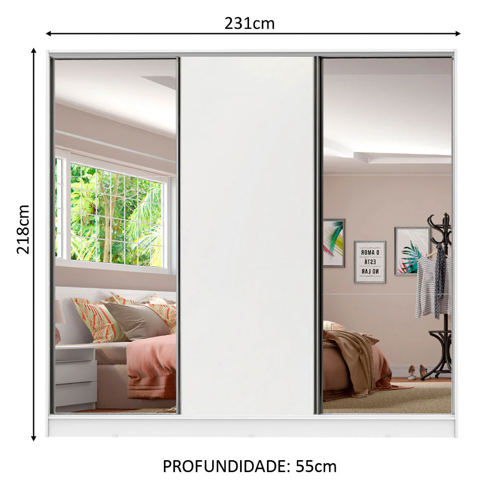 Guarda-Roupa Casal 100% MDF Madesa Royale 3 Portas de Correr com Espelhos Branco - Image 3