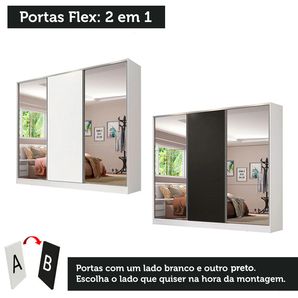 Guarda-Roupa Casal 100% MDF Madesa Royale 3 Portas de Correr com Espelhos Branco/Preto - Image 10