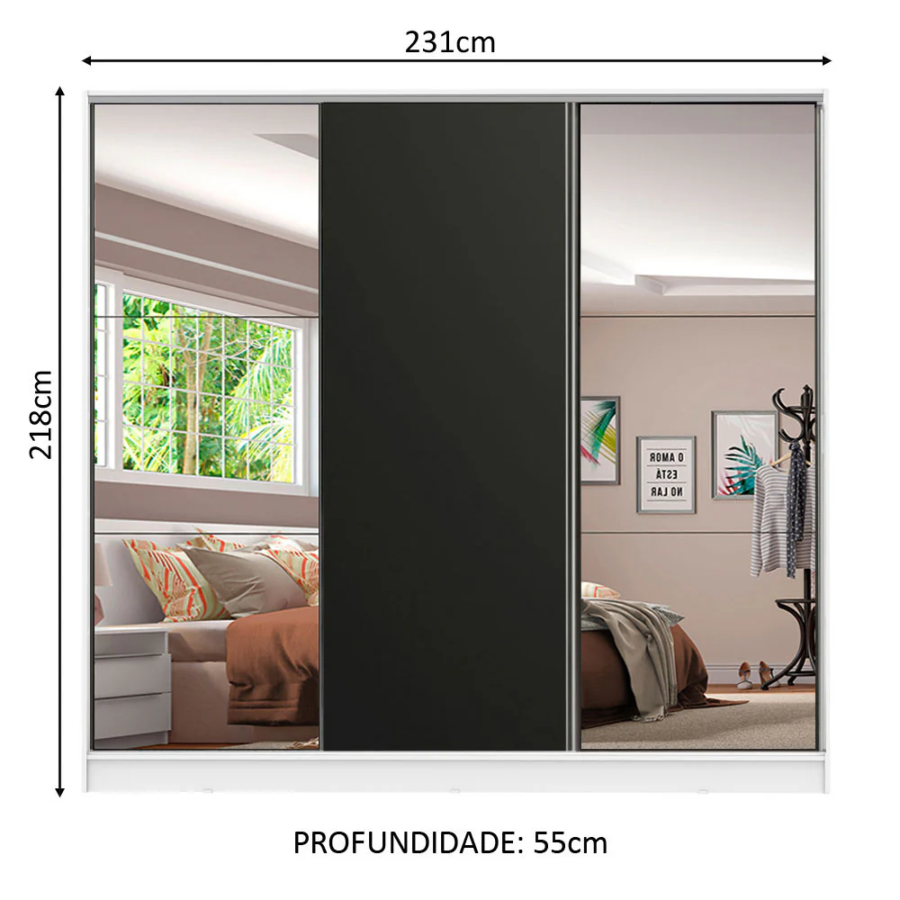 Guarda-Roupa Casal 100% MDF Madesa Royale 3 Portas de Correr com Espelhos Branco/Preto - Image 3