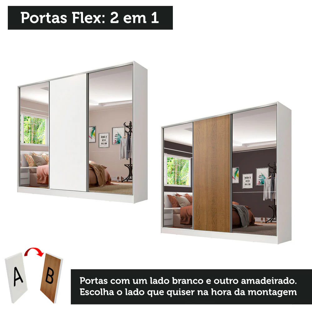 Guarda-Roupa Casal 100% MDF Madesa Royale 3 Portas de Correr com Espelhos Branco/Rustic - Image 10