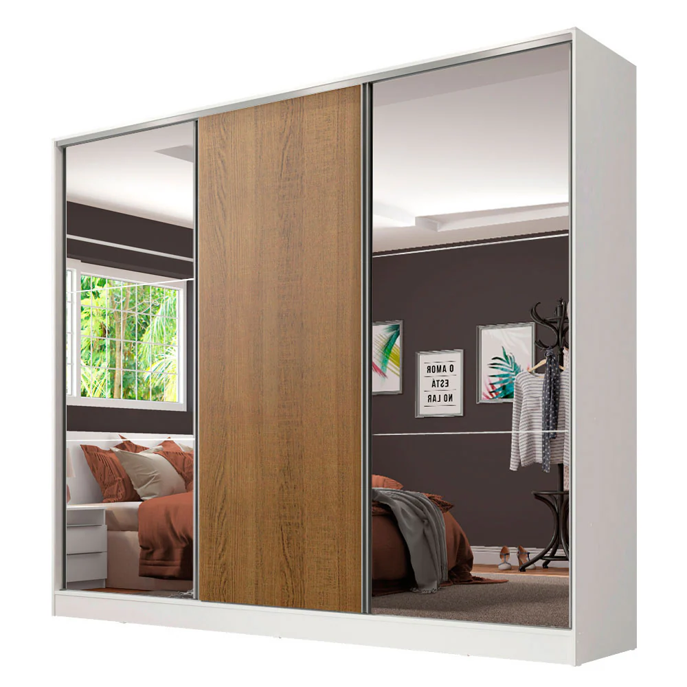 Guarda-Roupa Casal 100% MDF Madesa Royale 3 Portas de Correr com Espelhos Branco/Rustic - Image 2