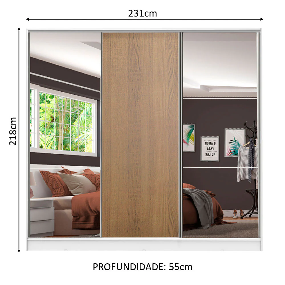 Guarda-Roupa Casal 100% MDF Madesa Royale 3 Portas de Correr com Espelhos Branco/Rustic - Image 3