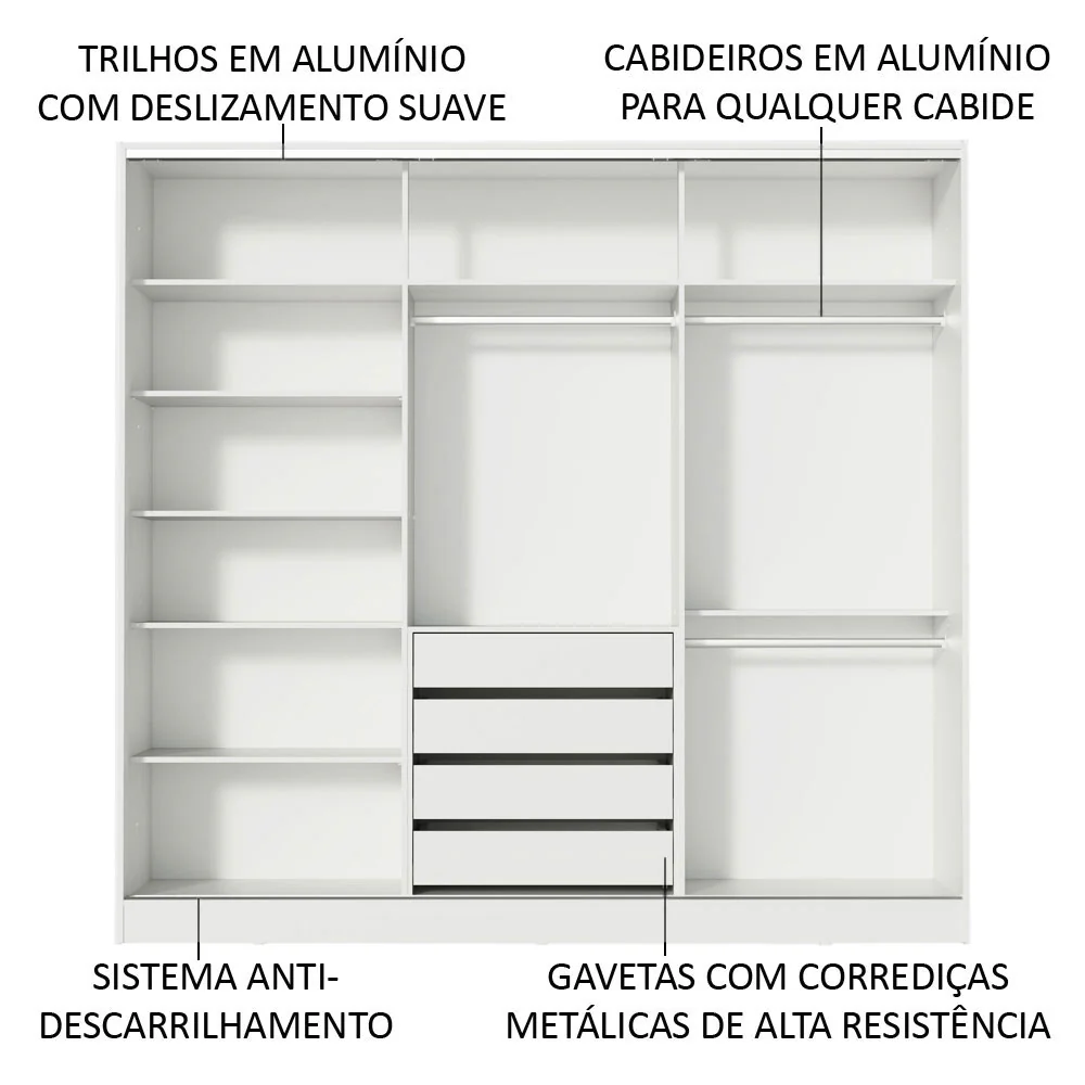 Guarda-Roupa Casal 100% MDF Madesa Royale 3 Portas de Correr com Espelhos Branco/Rustic - Image 5