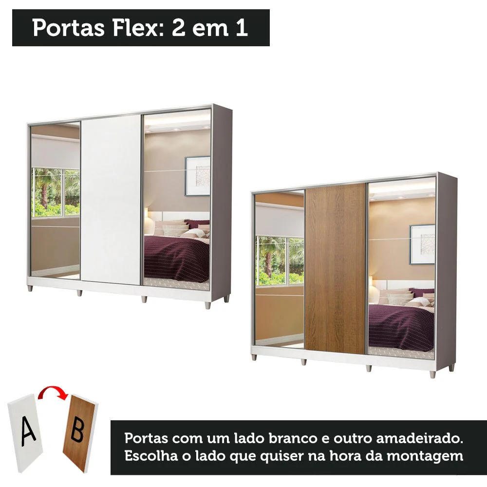 Guarda-Roupa Casal 100% MDF Madesa Royale 3 Portas de Correr com Espelhos com Pés Branco/Rustic - Image 10
