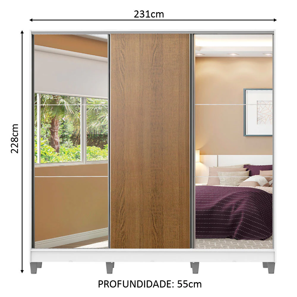 Guarda-Roupa Casal 100% MDF Madesa Royale 3 Portas de Correr com Espelhos com Pés Branco/Rustic - Image 3