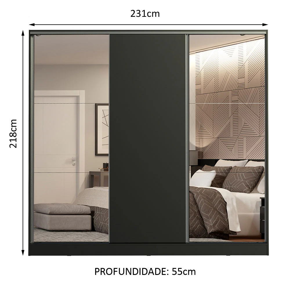 Guarda-Roupa Casal 100% MDF Madesa Royale 3 Portas de Correr com Espelhos Preto - Image 3
