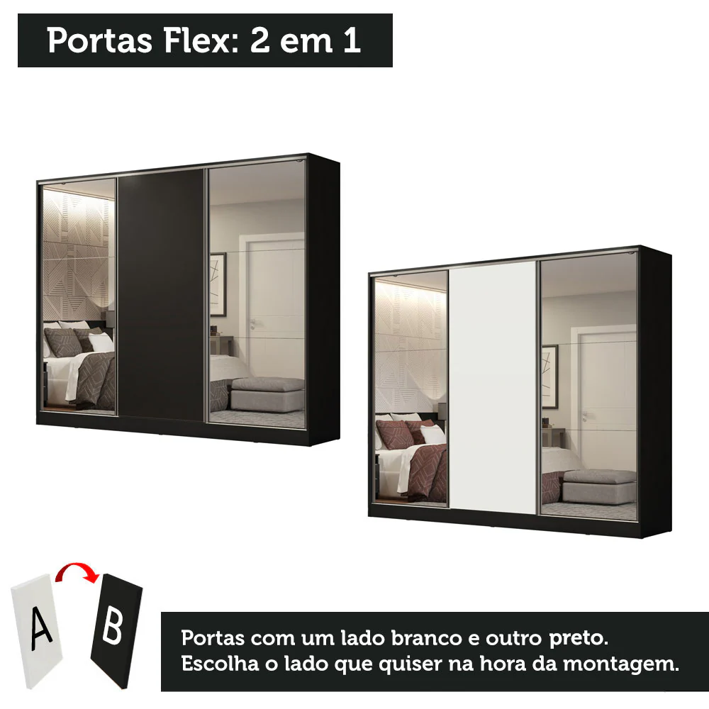 Guarda-Roupa Casal 100% MDF Madesa Royale 3 Portas de Correr com Espelhos Preto/Branco - Image 10