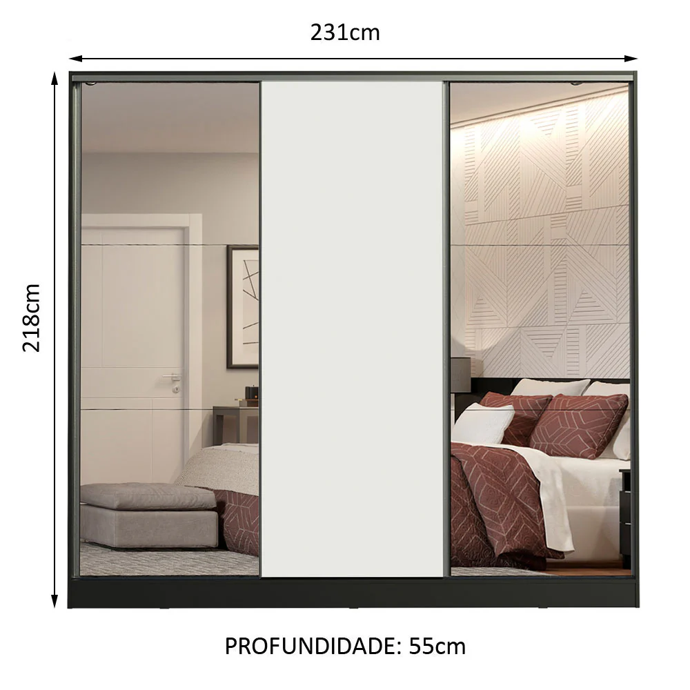 Guarda-Roupa Casal 100% MDF Madesa Royale 3 Portas de Correr com Espelhos Preto/Branco - Image 3