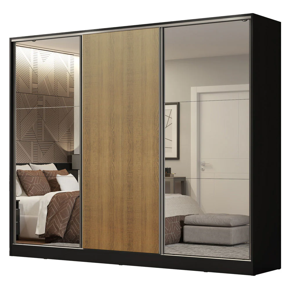 Guarda-Roupa Casal 100% MDF Madesa Royale 3 Portas de Correr com Espelhos Preto/Rustic - Image 2