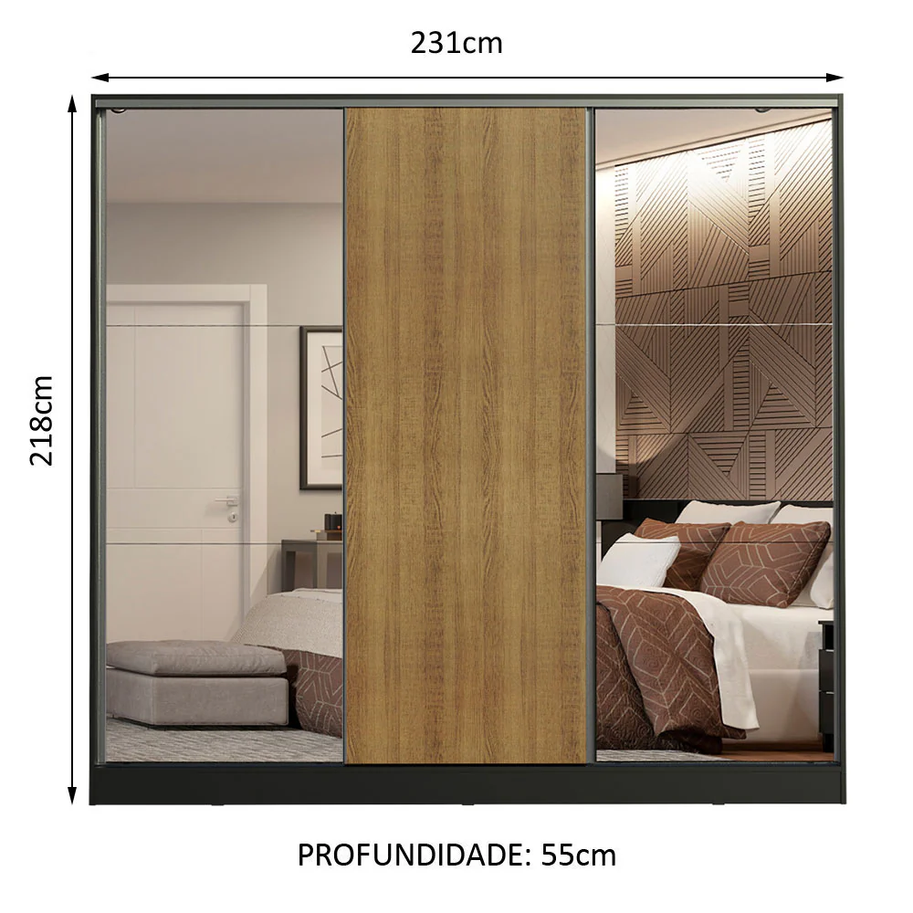 Guarda-Roupa Casal 100% MDF Madesa Royale 3 Portas de Correr com Espelhos Preto/Rustic - Image 3