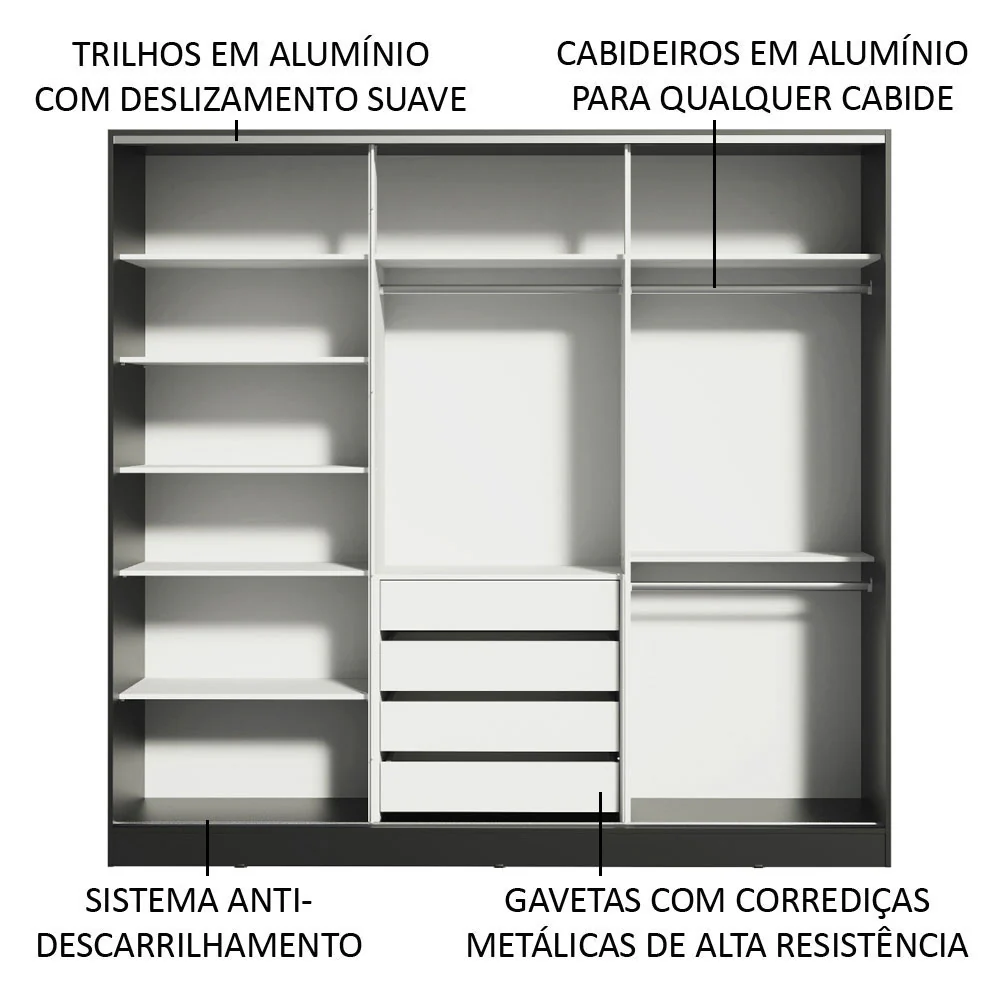 Guarda-Roupa Casal 100% MDF Madesa Royale 3 Portas de Correr com Espelhos Preto/Rustic - Image 5