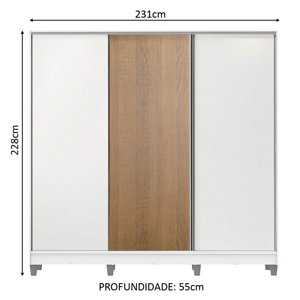 Guarda-Roupa Casal 100% MDF Madesa Royale 3 Portas de Correr com Pés Branco/Branco/Rustic - Image 3