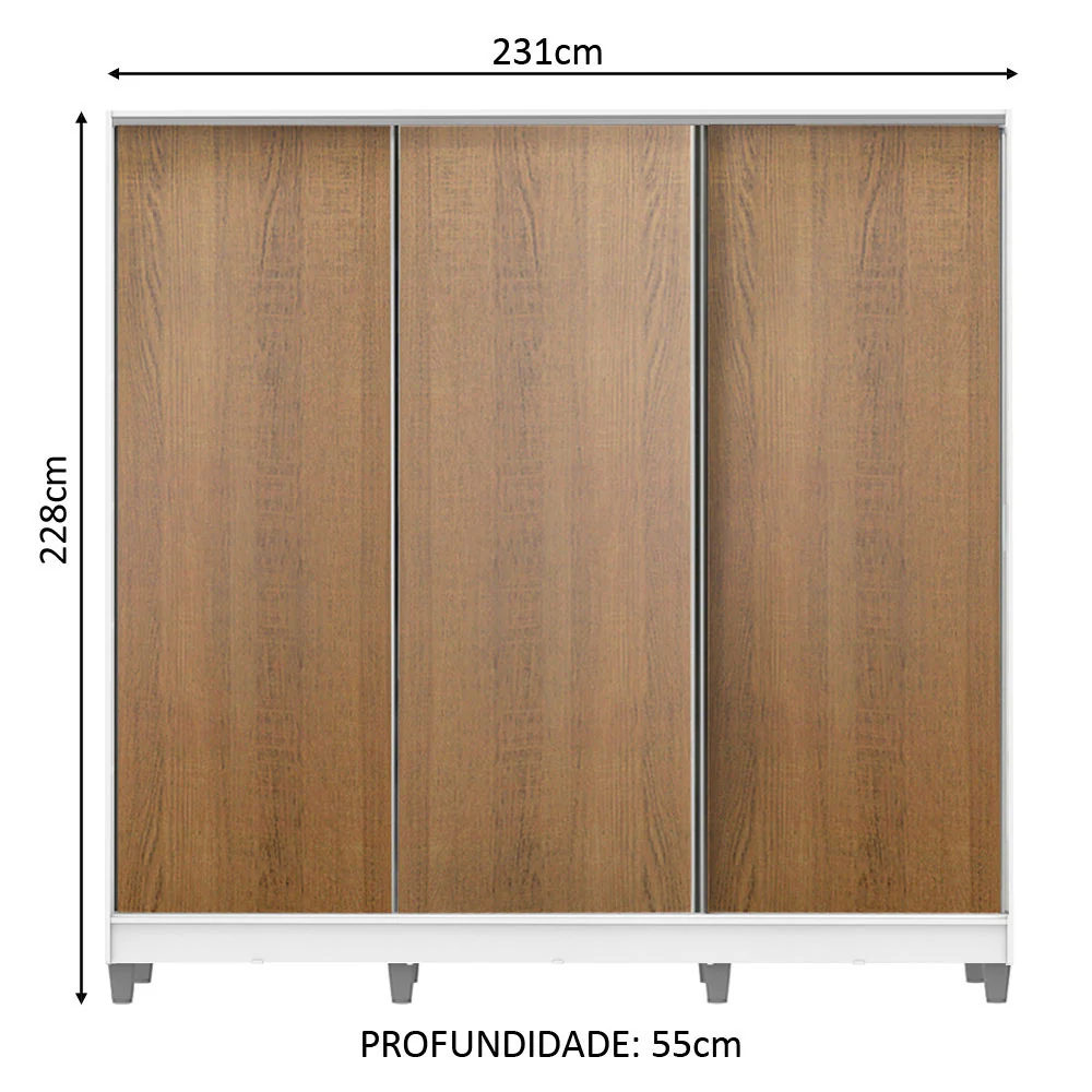 Guarda-Roupa Casal 100% MDF Madesa Royale 3 Portas de Correr com Pés Branco/Rustic - Image 3