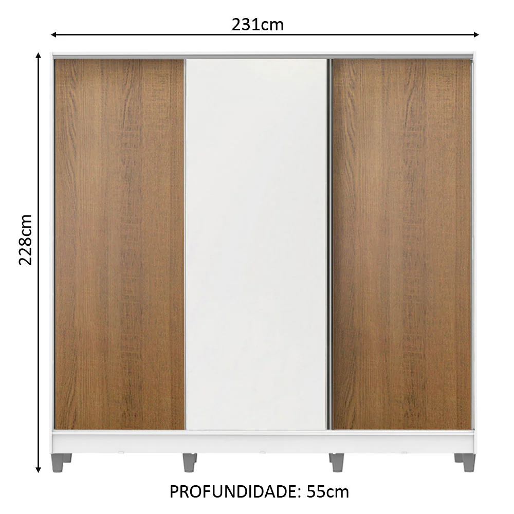 Guarda-Roupa Casal 100% MDF Madesa Royale 3 Portas de Correr com Pés Branco/Rustic/Branco - Image 3
