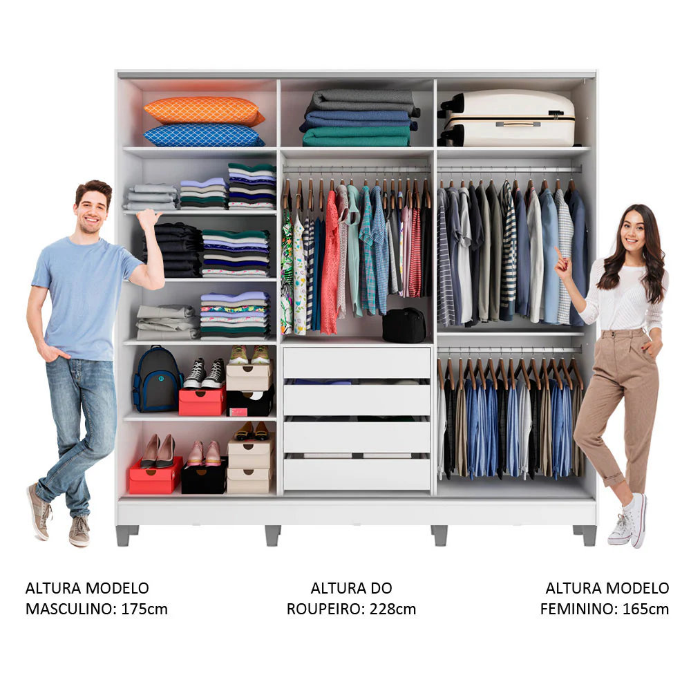 Guarda-Roupa Casal 100% MDF Madesa Royale 3 Portas de Correr com Pés Branco/Rustic/Branco - Image 4