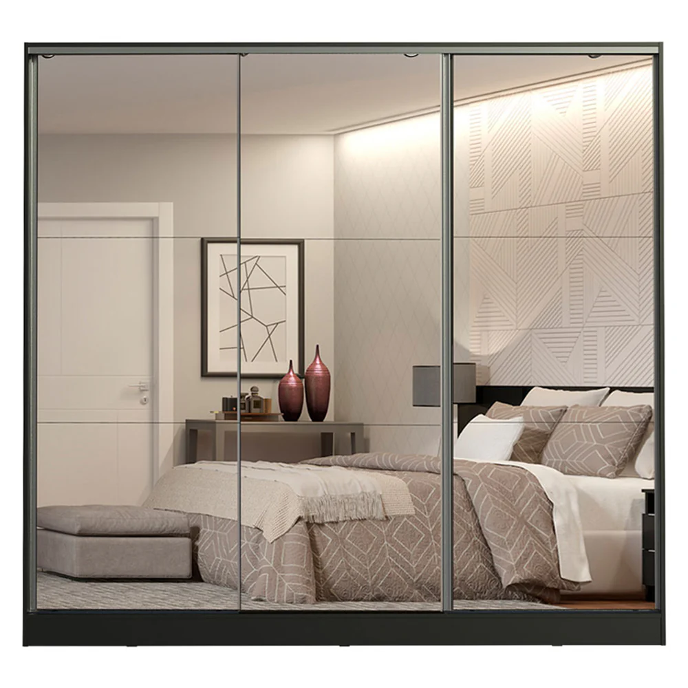 Guarda-Roupa Casal 100% MDF 3 Portas de Correr de Espelho Preto Madesa Royale - Image 9
