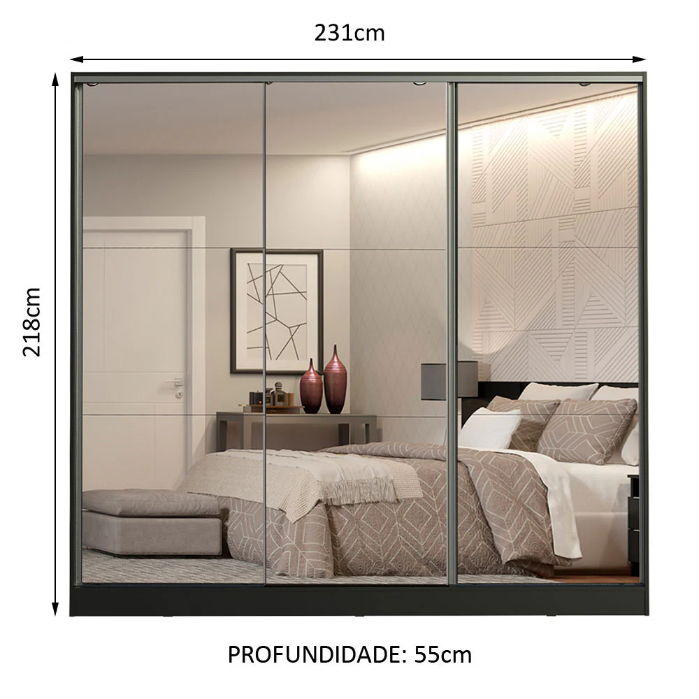 Guarda-Roupa Casal 100% MDF Madesa Royale 3 Portas de Correr de Espelho Preto XP - Image 3