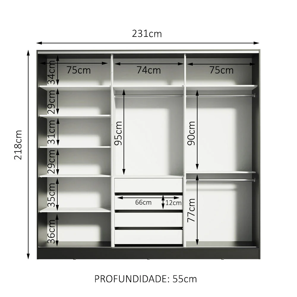 Guarda-Roupa Casal 100% MDF Madesa Royale 3 Portas de Correr Preto - Image 11