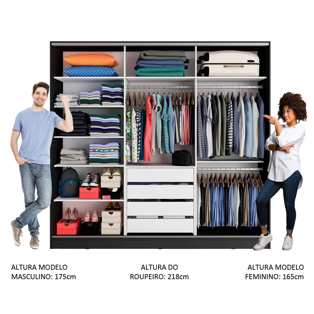 Guarda-Roupa Casal 100% MDF Madesa Royale 3 Portas de Correr Preto - Image 4
