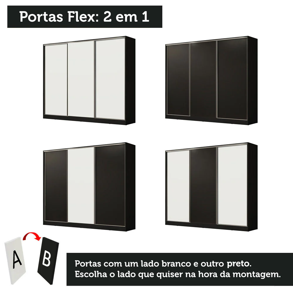 Guarda-Roupa Casal 100% MDF Madesa Royale 3 Portas de Correr Preto/Branco - Image 10