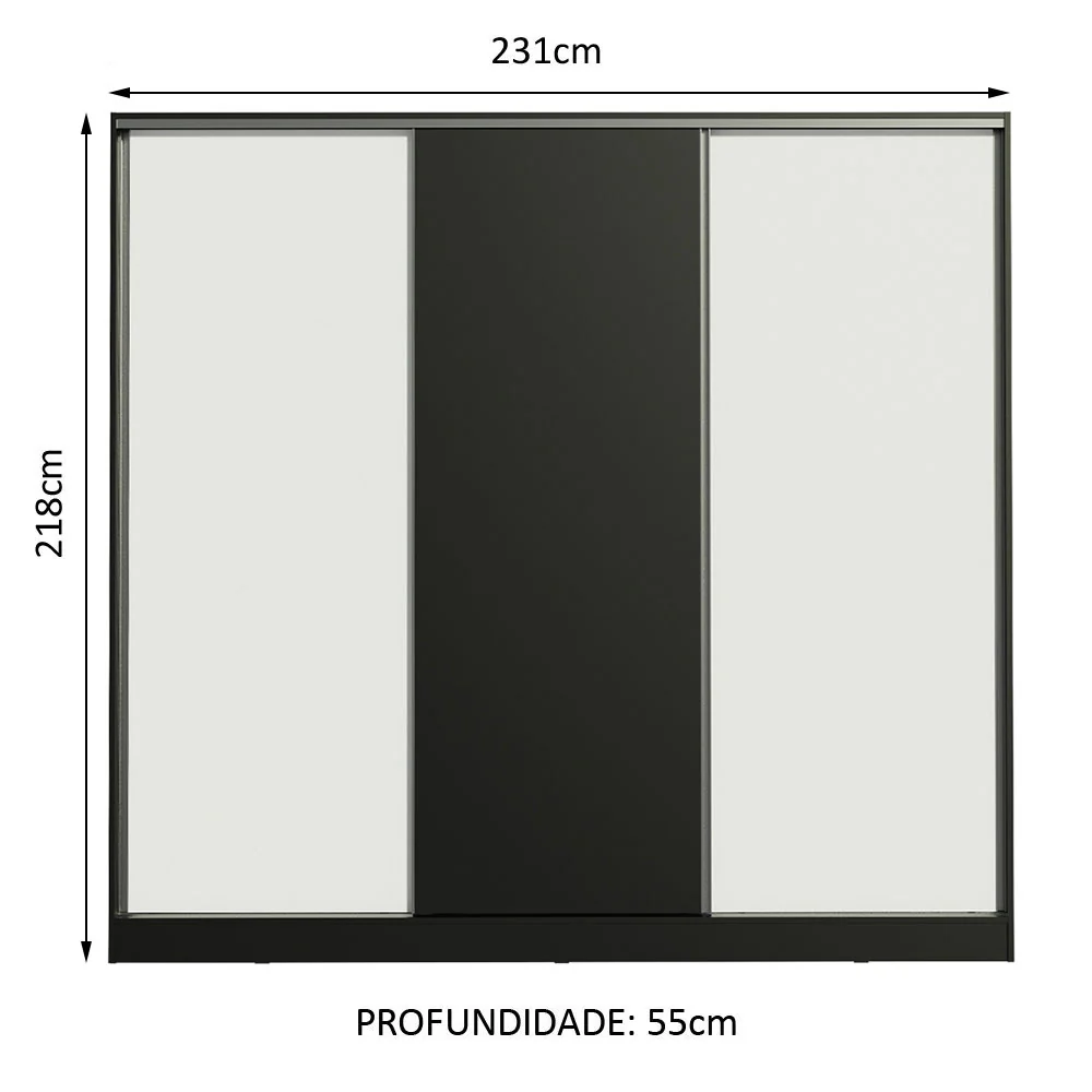 Guarda-Roupa Casal 100% MDF Madesa Royale 3 Portas de Correr Preto/Branco/Preto - Image 3