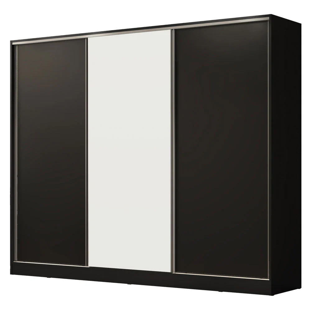 Guarda-Roupa Casal 100% MDF Madesa Royale 3 Portas de Correr Preto/Preto/Branco - Image 2