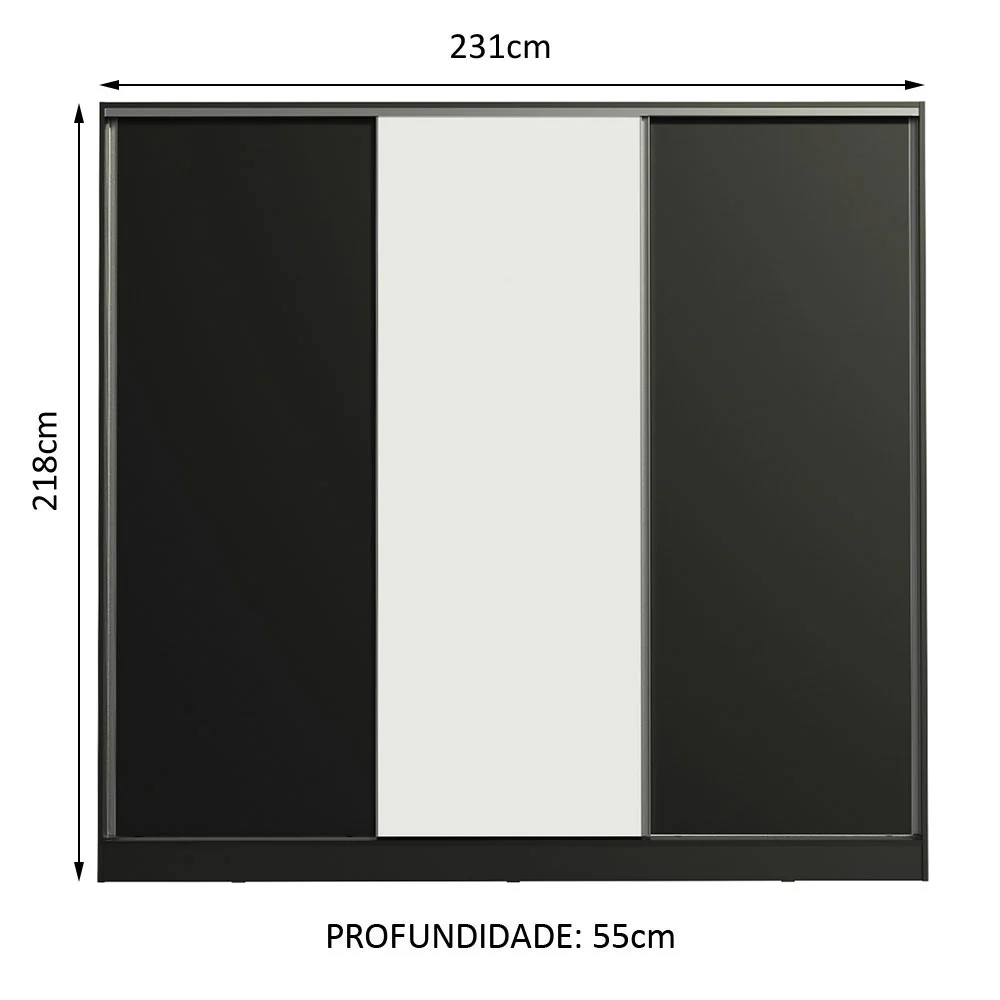 Guarda-Roupa Casal 100% MDF Madesa Royale 3 Portas de Correr Preto/Preto/Branco - Image 3