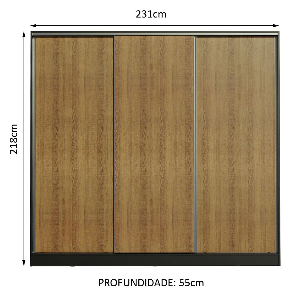 Guarda-Roupa Casal 100% MDF Madesa Royale 3 Portas de Correr Preto/Rustic - Image 3