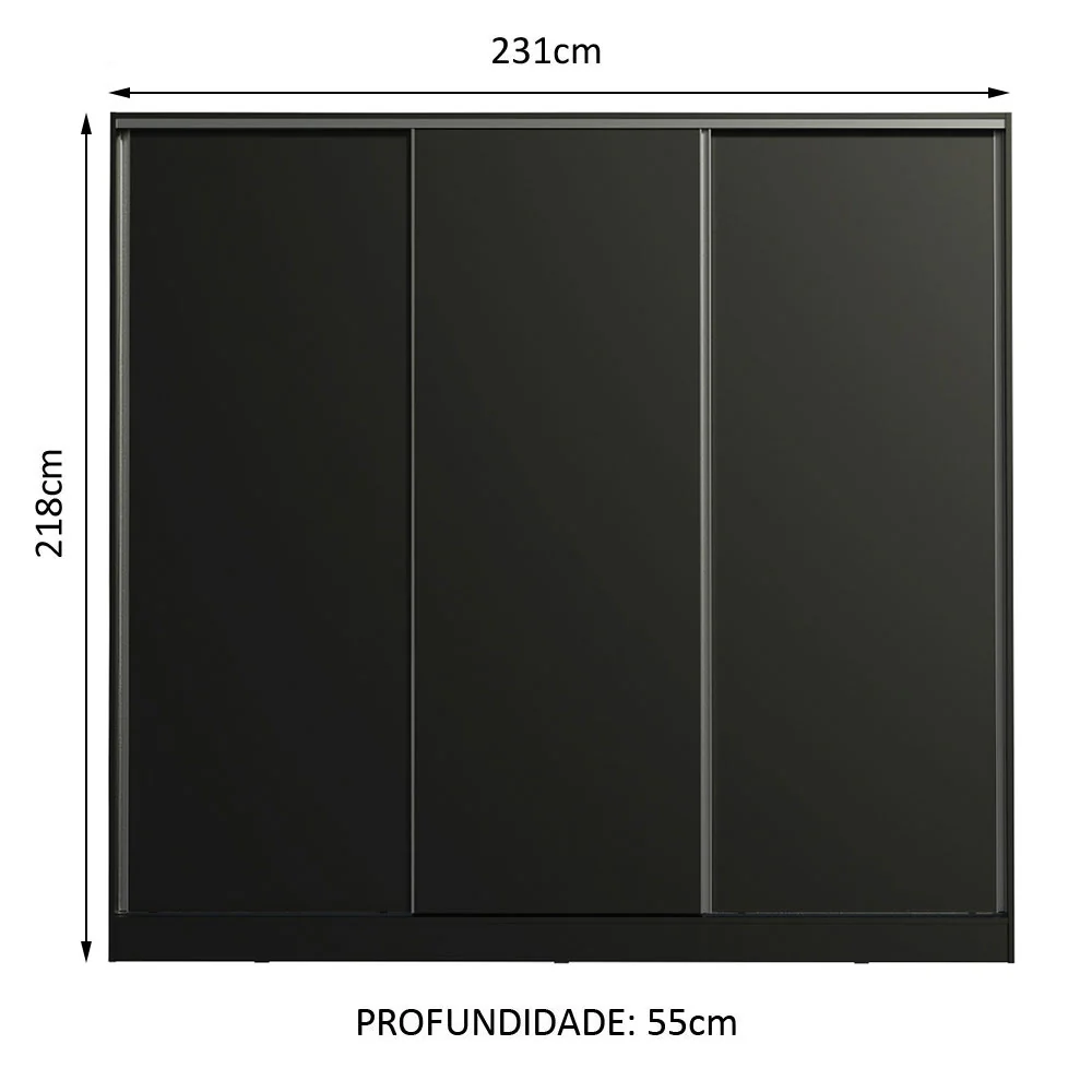 Guarda-Roupa Casal 100% MDF 3 Portas de Correr Preto Royale Madesa XP - Image 3