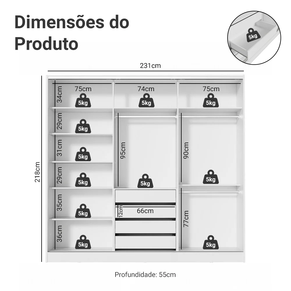Guarda-Roupa Casal 3 Portas de Correr Branco 100% MDF Madesa Zurique - Image 3